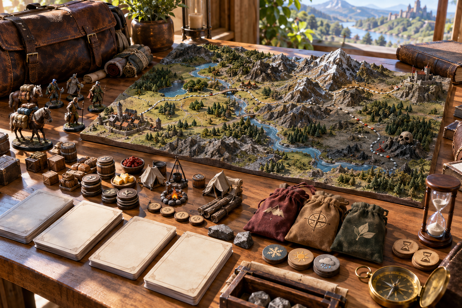 Illustration of a complete journey model with mountain routes camps provisions event tokens compass and hourglass
