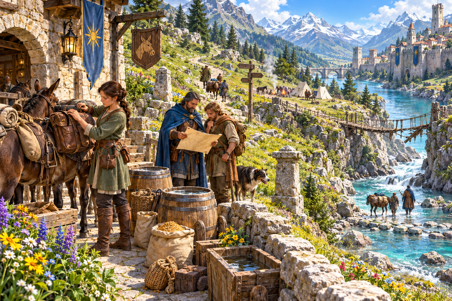Illustration of travellers preparing packs and provisions beside an inn river ford bridge and fortified town