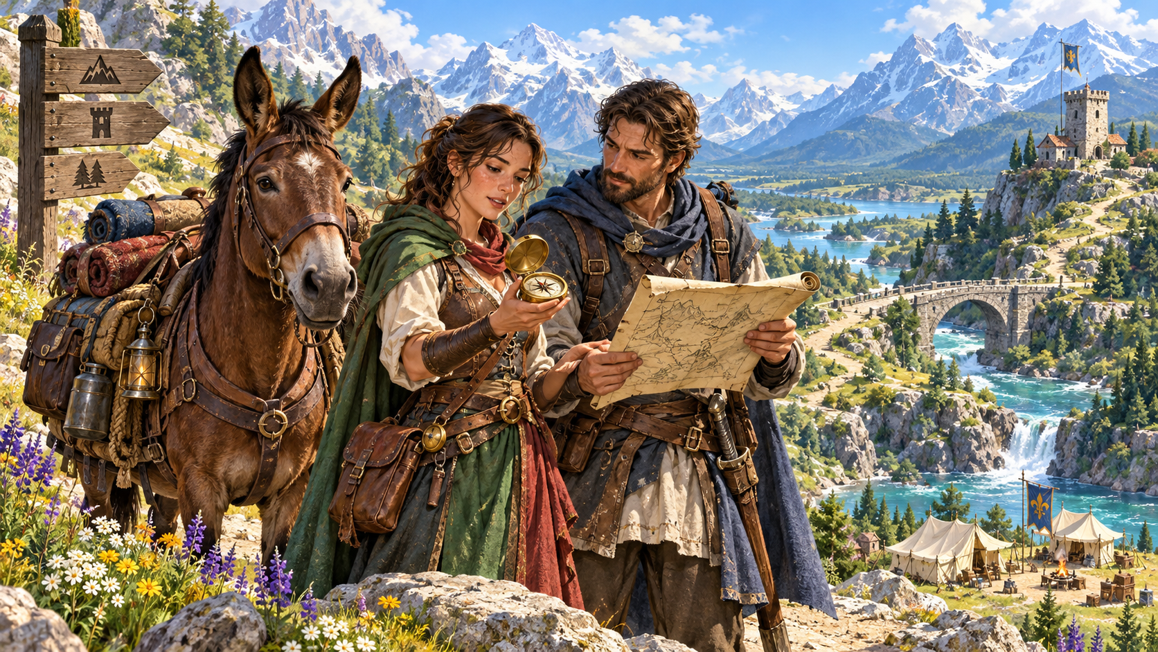 Illustration of two travellers reviewing a map and compass beside a laden mule and mountain route