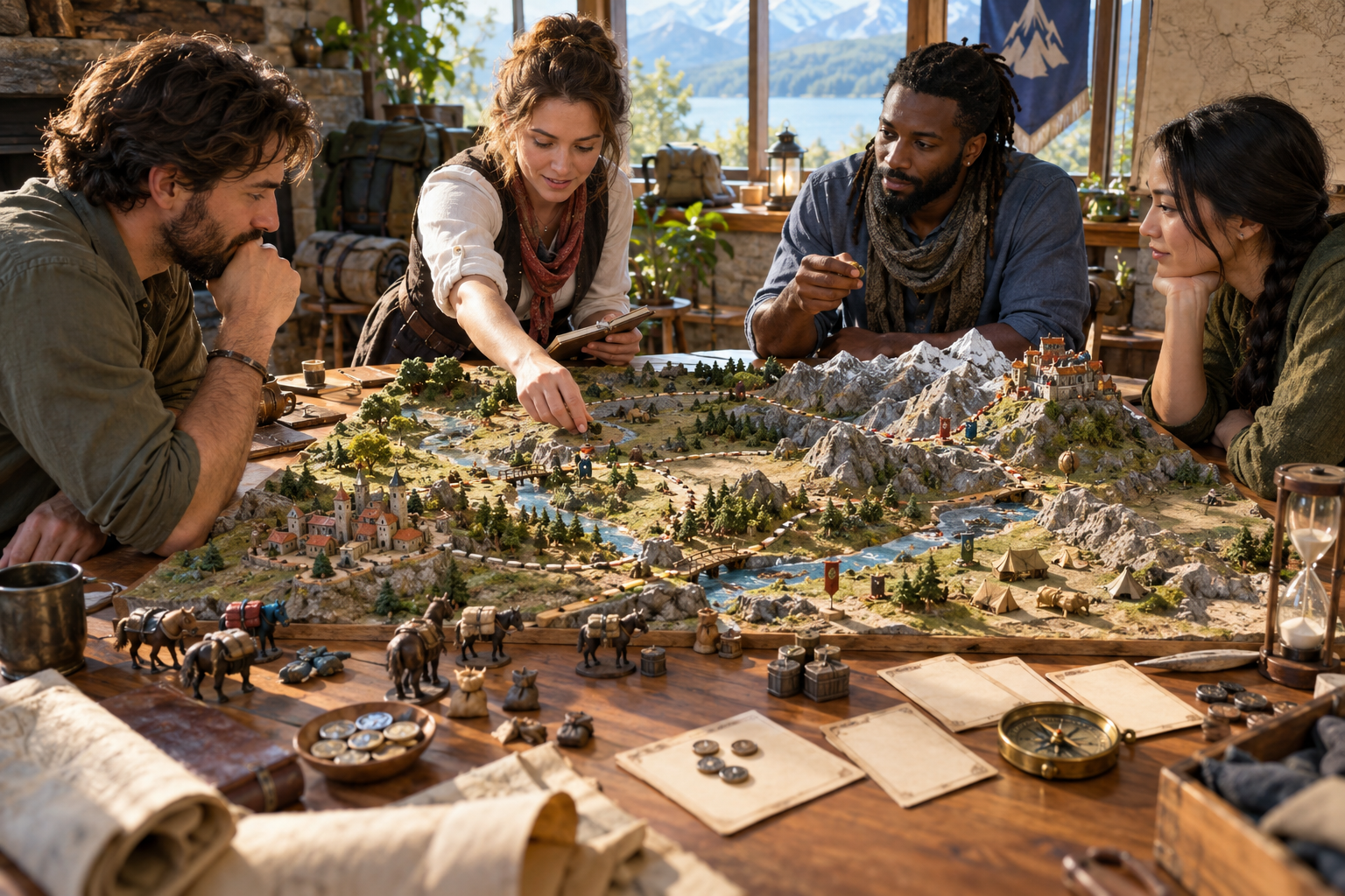 Illustration of four expedition planners reviewing route stops caravan figures camps and travel supplies